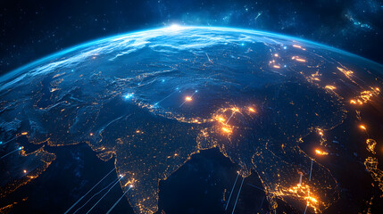 Obraz premium Digital world map planet Earth space global globe sky space 5G wireless network AI big data communication pathways science technology web internet connection transmission cyber cloud computing online