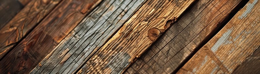 Fototapeta premium Reclaimed wood textures, natural grains, close up, ecofriendly materials, realistic, Fusion, artisan workshop