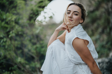 Woman wearing white dress, posing peacefully in nature, showing a serene and relaxed expression, embracing the outdoor environment.