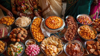 Fototapeta premium A table full of food with a variety of dishes including a large cake. Scene is festive and celebratory