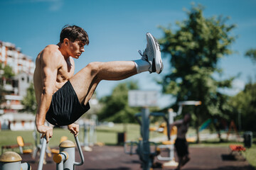 Athletic young man performing an intense parallel bars exercise in an outdoor gym, showcasing...