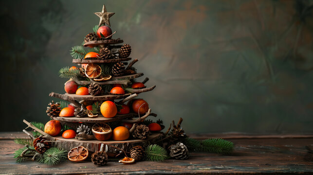 rustic christmas tree made with branches, wood, and organic fruits, featuring sustainable christmas decorations