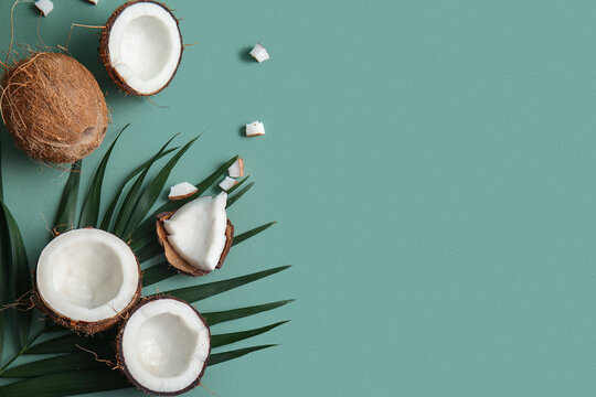 Fresh coconuts and palm leaf on green background