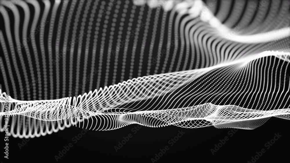 Poster futuristic video animation with particle wave object in slow motion, 4096x2304 loop 4k
