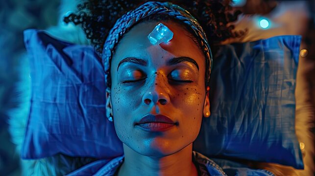A woman is laying on a bed with a blue pillow and a crystal on her forehead. The crystal is a clear quartz, which is known for its healing properties. The woman is in a relaxed and peaceful state