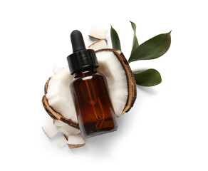 Bottle of coconut cosmetic oil and leaves on white background