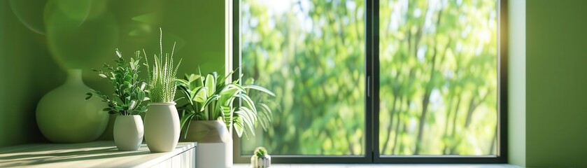 Naklejka premium Green home upgrades, energysaving windows, copy space, sustainable living solutions, dynamic, Composite, minimalist interior, copy space for text