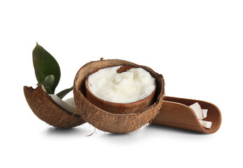 Shell of coconut cosmetic butter on white background