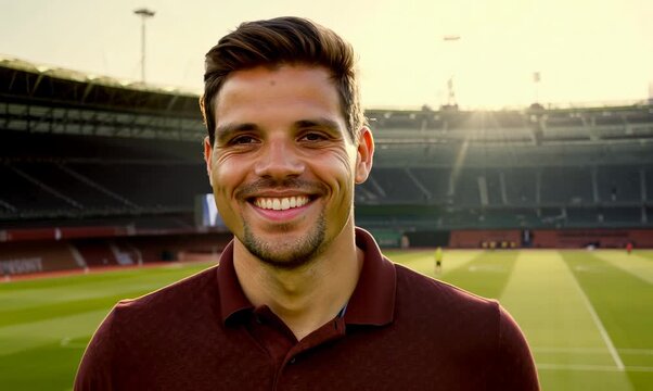 Medium shot portrait video of a grinning man in his 30s wearing a sporty polo shirt against a sports field or stadium background