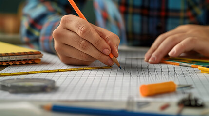 A detailed close-up of a student hand holding a ruler, drawing a straight line on graph paper.