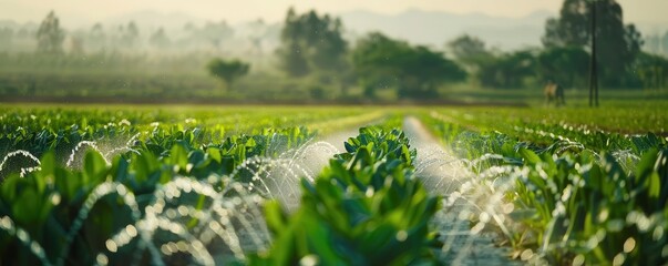 Water conservation in agriculture, efficient irrigation, copy space, sustainable farming methods, ethereal, Composite, rural landscape, copy space for text