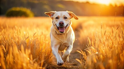 Happy labrador dog runs freely through a sun-kissed field of tall, golden brown grass on a warm summer day.