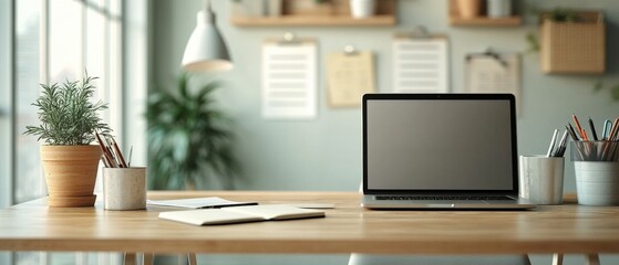 Extreme close-up of a laptop, notebook, and an ergonomic chair, minimal background, symbolizing an efficient layout. Space for text.