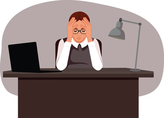 Exhausted Office Worker Suffering from Migraines Vector Illustration. Stressed businesswoman feeling sick and tired 
