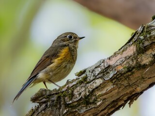 森の中で枝に留まって周りを見渡しているルリビタキ