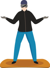 Confident snowboarder is standing with open arms, ready to ride down the slopes