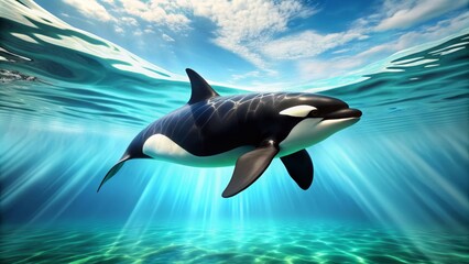 Majestic orca glides effortlessly through turquoise ocean waters, its sleek black and white body undulating as it hunts for prey in its natural habitat.