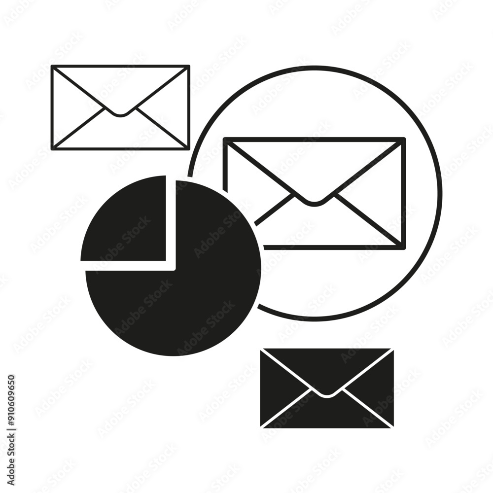 Poster email and chart icons. circular outlines. communication vector. simple black.