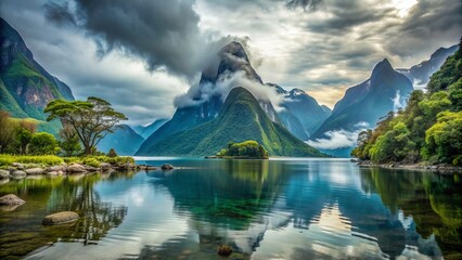 Majestic misty fjord landscape featuring Mitre Peak surrounded by lush green vegetation and calm turquoise water on a serene overcast day in Milford Sound.