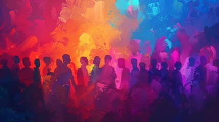 Silhouettes of people stand in front of a vibrant background of bold brushstrokes in colors of blue, orange, and purple.