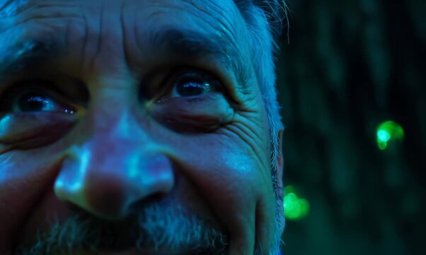 Headshot portrait video of a grinning man in his 70s that is with the family at the Waitomo Glowworm Caves in Waikato New Zealand