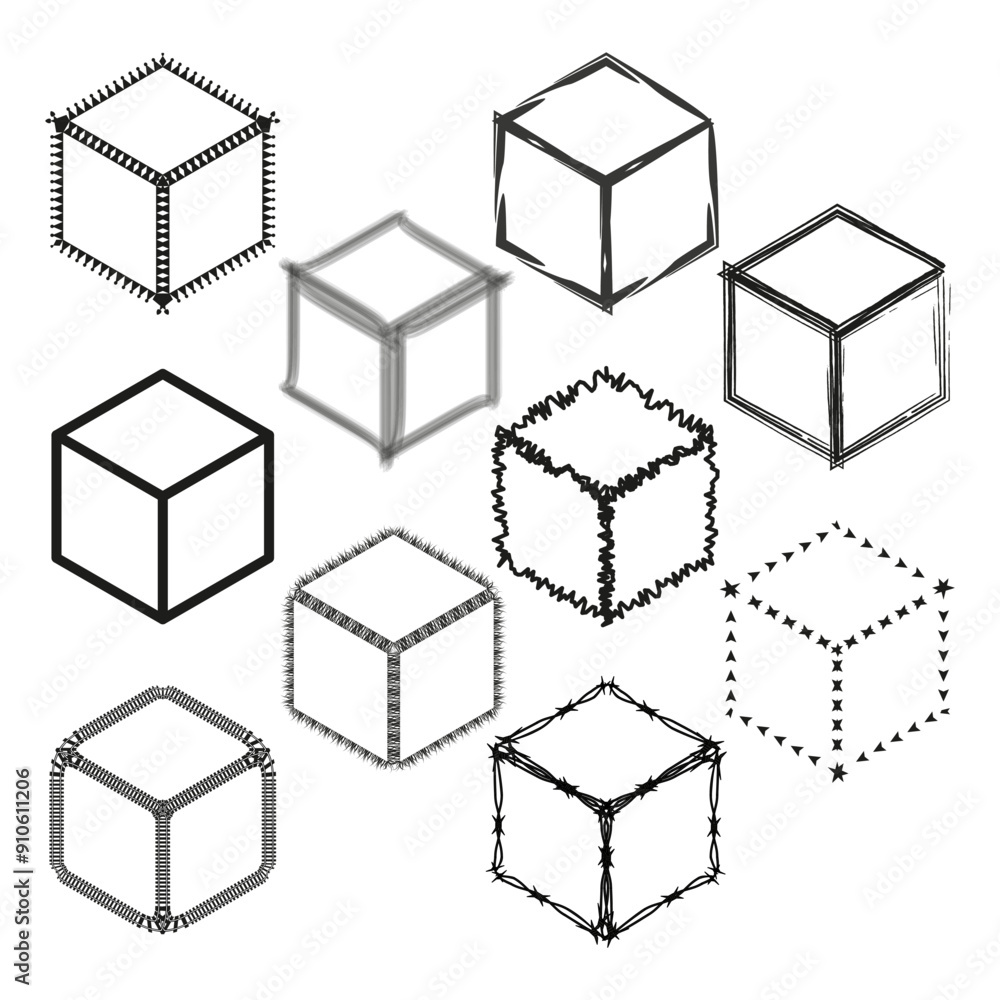 Aufkleber cube frame set. varied line styles. geometric vector shapes. abstract black outlines.