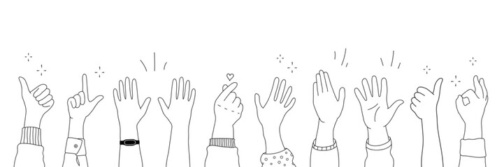 Applause hands set in doodle style. Human hands sketch, scribble arms raised in various gestures, including clapping, thumbs-up, and heart-finger symbols, on a white background, vector illustration