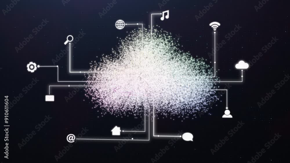 Poster Background, cloud icon and wireframe for global internet, cybersecurity and network for data and future. Program, technology and software or cyberspace with server, database and connection for iot