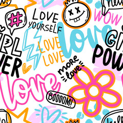 Fashion abstract seamless pattern with graffiti words, slogan and cute signs on white background. Bright Wallpaper on hand draw style for teen girl