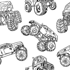 Abstract seamless hand draw pattern for boy. Grunge style Monster Truck  car on white background. Line art monochrome wallpaper for print © artlavi_design