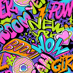 Obraz premium Abstract seamless chaotic pattern with graffiti cool words. Bright neon Grunge texture background. Wallpaper for teen girls. Fashion urban style
