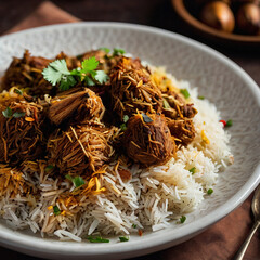  A vibrant plate of Indian biryani featuring tender meat mixed with fragrant rice and garnished with herbs and spices.