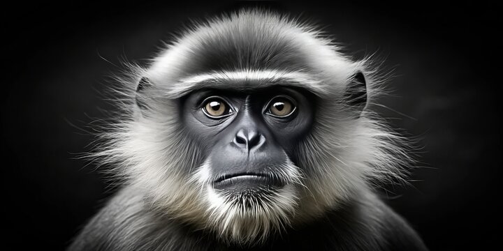 A stunning black and white portrait of a dusky langur monkey's expressive face, set against a dark background, highlighting its fascinating features and intense gaze.