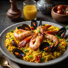  A traditional Spanish paella dish with mussels and shrimp