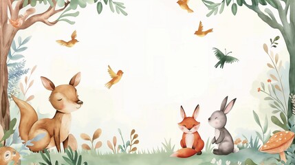 Woodland cartoon Animals watercolor illustration template. Pre-made frame for baby shower, birthday invitation, kids, baby deer, fox in the forest. Cute bears, rabbitsand birds