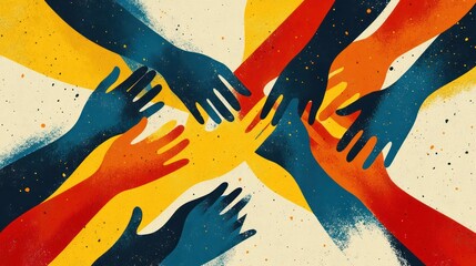 A group of people's hands are touching each other in a circle