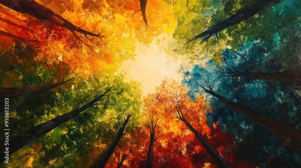 Poster a painting of a forest with trees of different colors