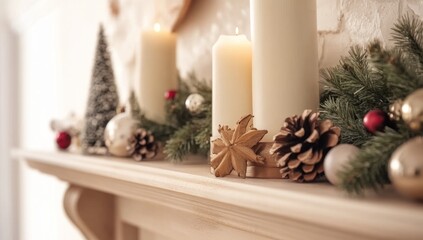 Festive Fireplace Decor with Candles and Pine Branches