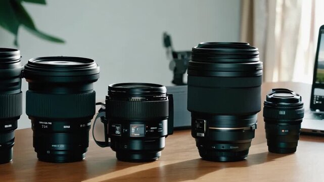 This Different camera lenses are arranged neatly on a wooden table indoors.
