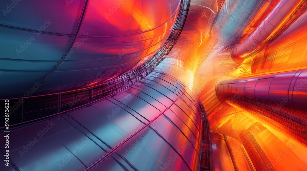 Poster A colorful, abstract image of a tunnel with a red and blue stripe