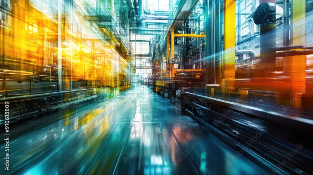 Poster a blurry image of a factory floor with a yellow and orange color scheme