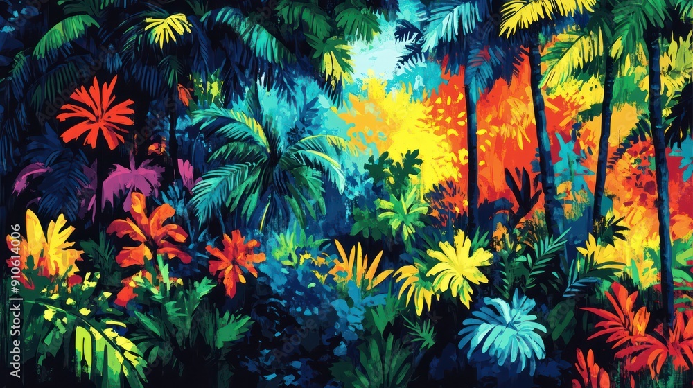 Aufkleber a painting of a jungle with many different colored flowers and trees