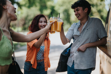 A group of friends buying refreshing drinks from a drink truck in the park, sharing a joyful moment on a sunny day.