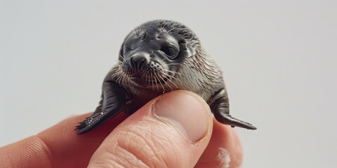 Super macro photography depicts a tiny seal crawling on the tip of a finger, 