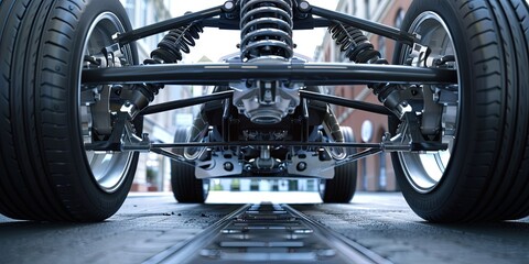 Fototapeta premium The suspension of the front wheels of a car, non-independent suspension, can be seen directly from the inside of the wheel arch 