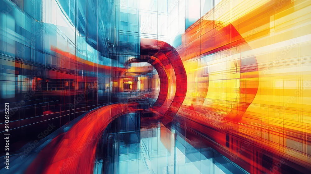 Poster A colorful, abstract image of a building with a red