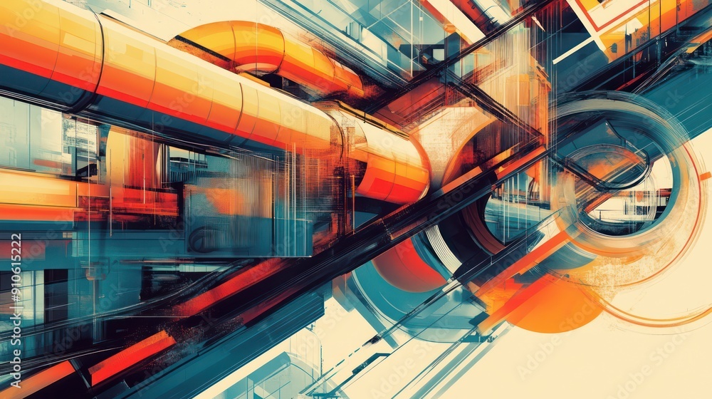 Poster a colorful abstract painting of a cityscape with a large orange pipe