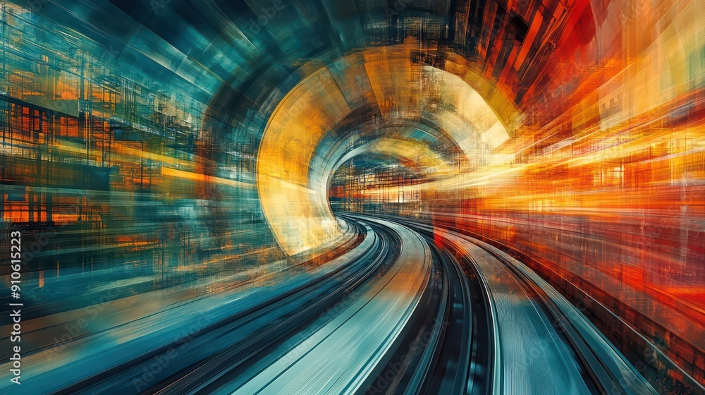 Poster a colorful train track with a tunnel in the middle