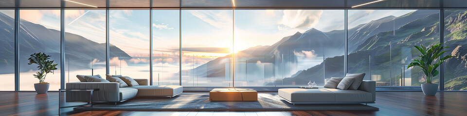 Futuristic Interior of Modern Minimalistic Apartment with Expansive Landscape Glass Windows Overlooking Majestic Mountains, Creating a Harmonious Blend of Nature and Modern Design