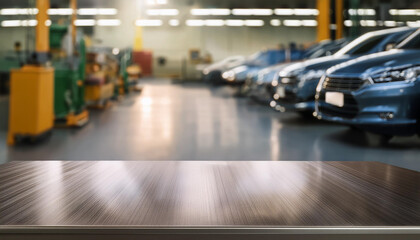Empty wood table top with car service centre auto repair workshop blurred background